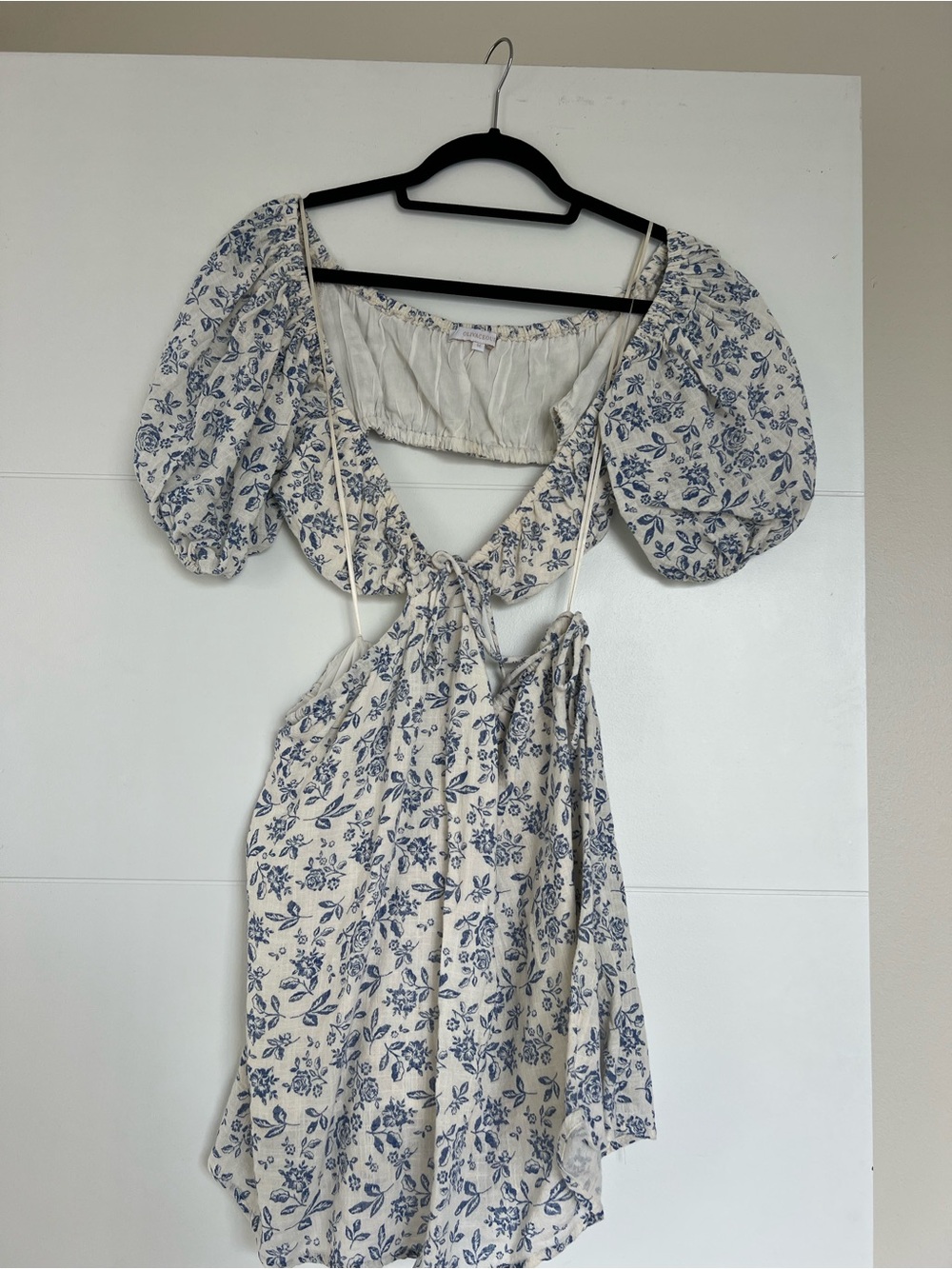 Olivaceous Cream Mini Dress with Blue Floral Print and Puff Sleeves